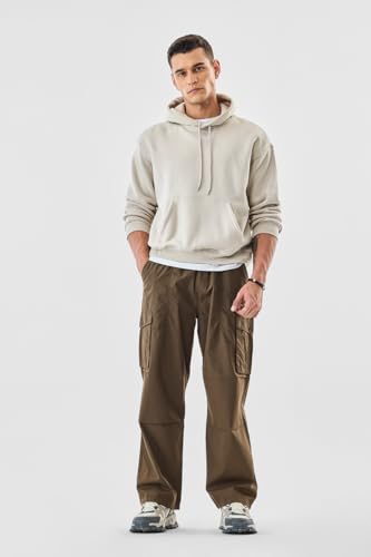 Image of SNITCH Men Cargo Pants | Loose Fit with Elastic Waistband & Drawstring | 100% Cotton Fabric with Utility Pockets | Streetwear Style for Casual Outings