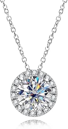 Naszyjnik damski - okrągły naszyjnik Moissanite z certyfikatem, srebro próby 925, kolor D, jakość VVS1, delikatne zaciskanie, długość łańcuszka 45 cm, odpowiedni do: Impreza/Podróż/Ślub/Urodziny