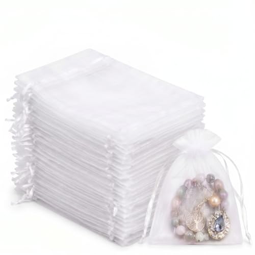 QTORCHE Sac Mousseline de Perles pour Bijoux, 100 Pcs Pochette Organza Transparente de Haute Qualité avec Cordon pour Cadeau Mariage, Fête, Calendrier de...