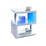 White Led Side Table Small Coffee Table For Living Room, High Gloss S Shape Sofa End Table With RGB Led Lights, 2 Tier Storage Shelves Rectangle Coffee Tables For Home Office Furniture