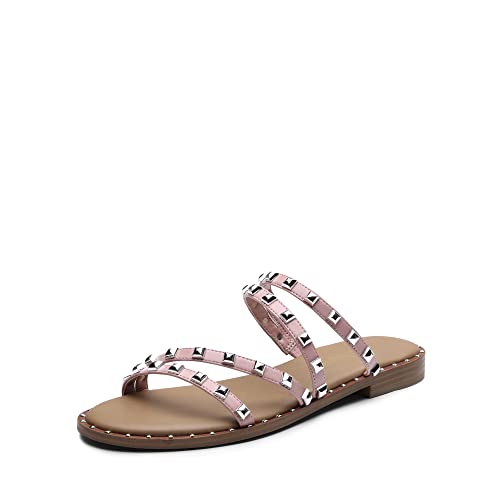 DREAM PAIRS Women's Clear Studded Rhinestone Slide Sandals Slip on Open Toe Cute Flat Sandals for Summer 9 Pink-pu-rivet