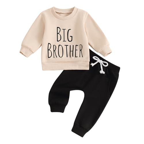 Toddler Boy Fall Outfit Clothes Long Sleeve Big Brother Letter Print Jumper Top Drawstring Trouser Set Infant Baby Winter Tracksuit (Black, 0-6 Months)