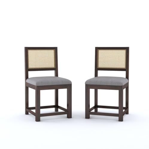 Image of Wooden 2 Chair for Living Room & Dining | Solid Wood Frame with Cane Backrest | Cushioned Seat | Modern Accent Chairs for Home & Office (Set of 2, Walnut)