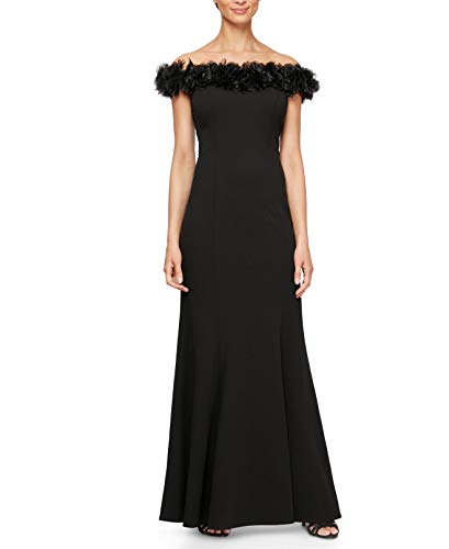Image of Alex Evenings Women's Long Off The Shoulder Gown with Front Slit and Maribou Detail, Formal Party Dress