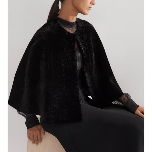 Women's Faux Fur Cape Coat Open Front Round Neck Furry Shaggy Jacket Warm Outerwear2