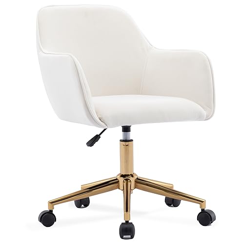 DEKKETO Velvet Swivel Desk Chair, Makeup Vanity Chair with Wheels, Height Adjustable Dressing Table Chairs with Gold Base for Bedroom, Vanity Room, Home Office, Ivory
