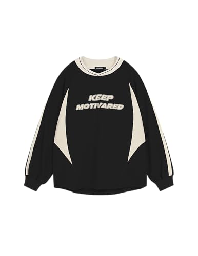 Vamtac Letter Graphic Crewneck Sweatshirts for Men Vintage Color Blocking Long Sleeve Casual Pullover Top