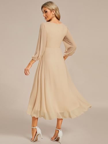 Image of Ever-Pretty Women's Chiffon V Neck Long Sleeves A-Line Midi Length Wedding Guest Dress Cocktail Party Formal Dresses 01926