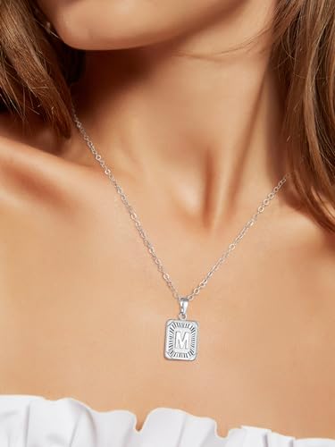U7 Square Initial Necklace, Gold/Platinum Plated A-Z 26 Letters Pendant Necklace for Women Men, Large Capital Monogram Retangle Tag Necklace, Resizable Chain 20"-22"2