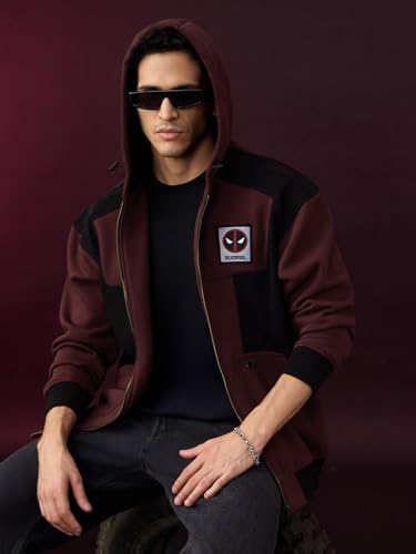 Image of The Souled Store Deadpool: Double Trouble Men and Boys Full Sleeves Hooded Neck Burgundy Graphic Applique Cotton Blend Heavy Fleece Winter Wear Zipper Oversized Hoodie