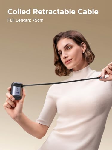 UGREEN Nexode 100W GaN USB C Retractable Charger with Built-in Cable, 3-Port Fast Charging Wall Adapter for Laptop, MacBook Pro/Air, iPhone 17/16, Galaxy S25, Pixel, iPad, MatePad, DJI Drone