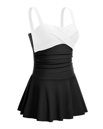 Image of Aqua Eve One Piece Swim Dress Tummy Control Swimsuit with Skirt Modest Bathing Suit Vintage Swimdress