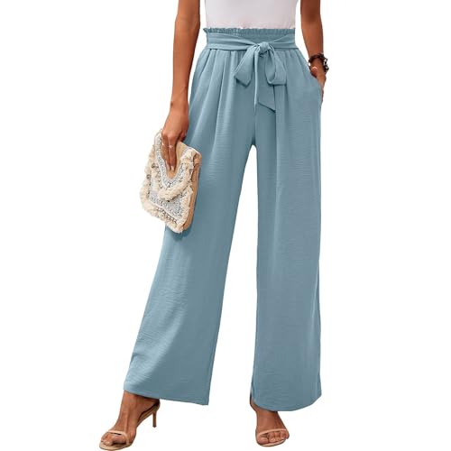 Women's Wide Leg Pants with Pockets Lightweight High Waisted Adjustable Tie Knot Loose Trousers Business Work Casual Pants