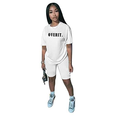 WOKANSE Women Casual 2 Piece Outfits Short Sleeve Letter Print T-Shirt Bodycon Shorts Set Sportswear Tracksuit - Multicolored - Small Cover