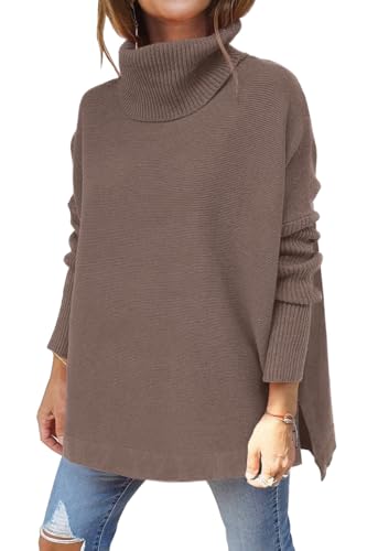 Image of LILLUSORY Women's Turtleneck Oversized Sweaters Long Batwing Sleeve Spilt Hem Tunic Pullover Knit Tops