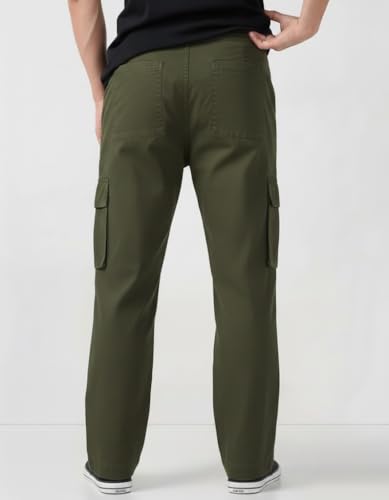 Image of Men's Cotton Cargo Pants | Stylish Elastic Drawstring Waist | Multi Pocket Tactical Pants | Casual Streetwear Utility Comfortable Regular Fit Outdoor Cargos