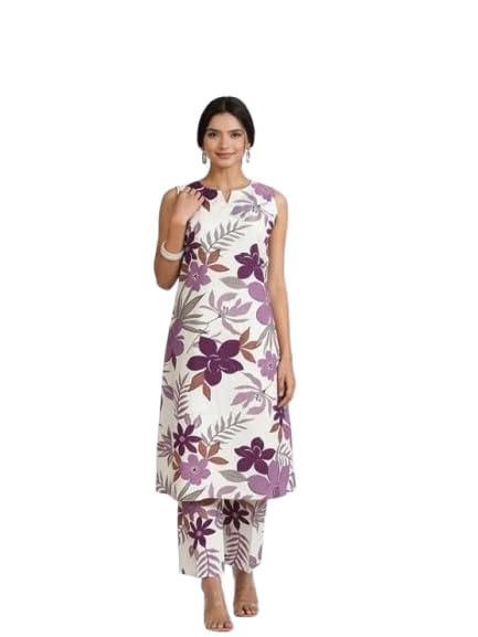 Women Cotton Flex Co-Ord Set Printed Ikat Design Tunic Top with Straight Pants 3/4 Sleeve Kurti Set Ethnic Casual Wear Stylish Office Outfit Purple-image-20