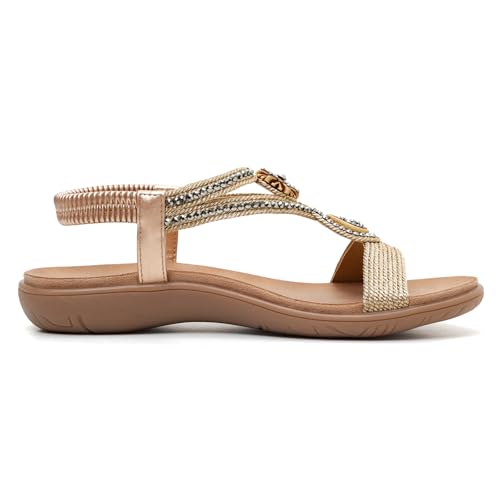 Image of UBFEN Womens Rhinestone Flat Sandals Comfortable Vacation Bohemian Style