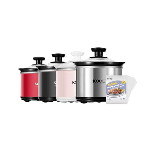 Image of KOOC Small Slow Cooker, 0.65-Quart, Free Liners Included for Easy Clean-up, Upgraded Ceramic Pot, Nutrient Loss Reduction, Stainless Steel, Silver, Round