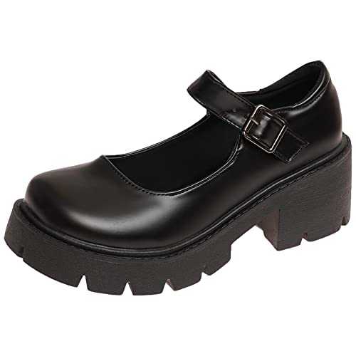 rismart Mujer Plataforma Mary Jane Punta Redonda Tacón Grueso Correa Tobillo Lolita Cosplay Zapatos (Negro,38 EU)