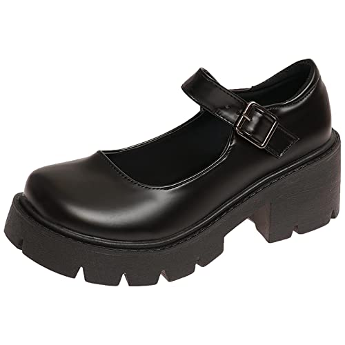 rismart Mujer Plataforma Mary Jane Punta Redonda Tacón Grueso Correa Tobillo Lolita Cosplay Zapatos (Negro,37 EU)