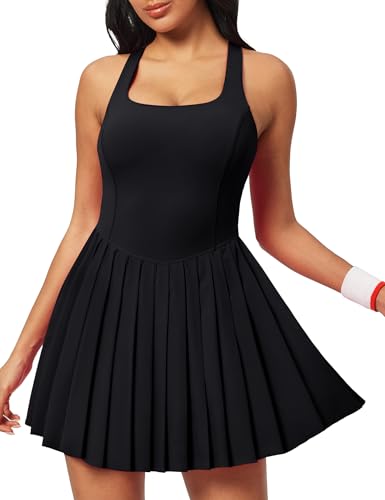 Ewedoos Tennis Dresses for Women Athletic Dress with Shorts Underneath Easy Peezy Pleated Workout Dress with Bra and Pockets