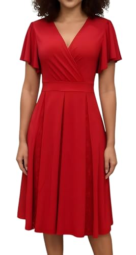 Image of Womens Red Cocktail Prom Dresses 2025 Summer Sexy V Neck Lace Maternity Clothes Formal Wrap Wedding Guest Bridesmaid Midi Dress,Small