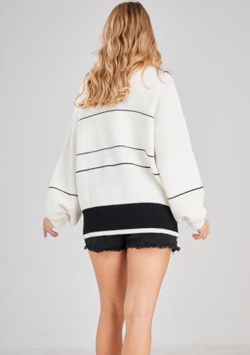 Image of chouyatou Women's Slouchy Waffle Knit Sweater 1 /2 Button Polo Collared Pullover Striped Sweater Tops