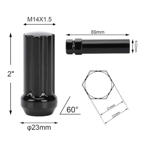 Image of 32PCS Black M14x1.5 Wheel Lug Nut,Conical /Cone Bulge Seat, Closed End Long Extended XL Spline with 1 Socket Key Fits 8 Lug Aftermarket Wheels