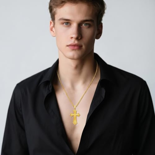 Image of Midari Gold Cross Necklace for Men 18K Gold Cross Pendant Minimalist Faith Necklace Christian Pendant Religious Gift