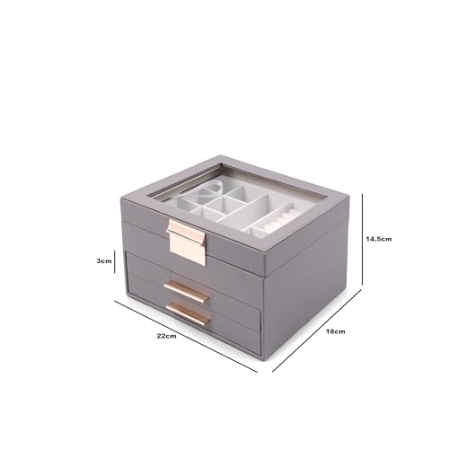 Image of BucketList Luxury PU Leather Jewellery Organizer Box with Glass Top | Multi-Drawer Jewelry Storage Case with Ring Slots & Compartments | Elegant Lockable (2 Drawers Jewellery Box (Grey))