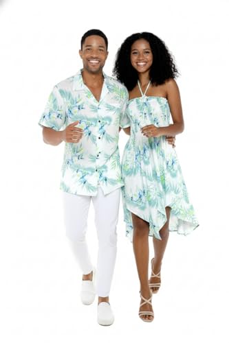 Image of Matchable Couple Hawaiian Luau Shirt or Fairy Dress in Orchid Breeze White