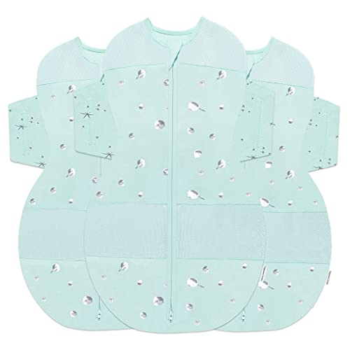 Image of Happiest Baby SNOO Sleep Sack - 100% Organic Cotton Baby Swaddle Blanket - Doctor Designed Promotes Healthy Hip Development - 3-Pack Bundle (Teal Planets, S, M, L)