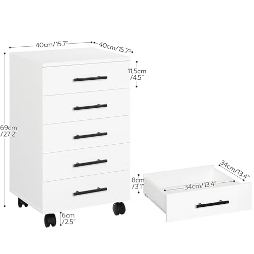 Image of HOOBRO 5-Drawer File Cabinet, Office Filing Cabinet with Drawers, Wooden Mobile Storage Cabinet with Wheels, for Makeup, Home Office, Easy Assembly, White WT05WJ01G1