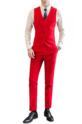 Mens Suits 2 Piece Formal Suit Vest Pants with Tie Slim Fit Suits for Men Wedding Prom Tuxedo Dress Suit Set US Size L Red