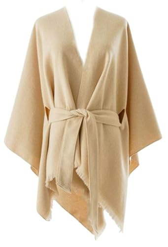 Convertible Belted Cape Wrap Acrylic Knit Shawl with Fringe Lightweight All-Season Cover Up Shoulder Cape for Women