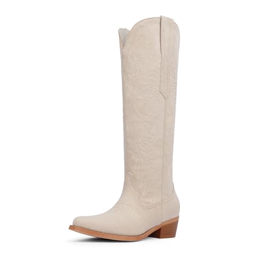 Modatope Cowboy Boots for Women Knee High Cowgirl Boots Embroidered Pointed Toe Chunky Heel Western Boots Pull On Wide Calf Tall Boot