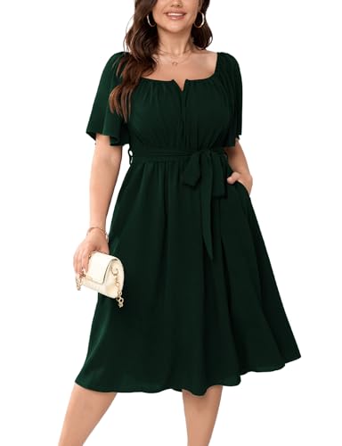Women Plus Size Cocktail Dress Short Sleeve Square Neck Belted Elegant Flowy A Line Midi Dresses with Pockets