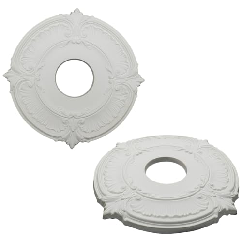 Image of PU Ceiling Medallion 2Pcs, 13.1 x 3.4 Inches, White | Whole Circle, Fits 3.4 Inch Canopy, European Vintage Carving, Decor For Chandeliers & Ceiling Fans, Lightweight PU Foam