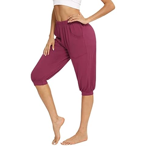 Hyppry Women's Cropped Harem Pants Ladies 3/4 Length Trousers Capri Pants, Super Soft Yoga Pants for Women, High Waist Lounge Baggy Sweatpants with Pockets for Yoga Pilates Dance Summer Wine Red Cover