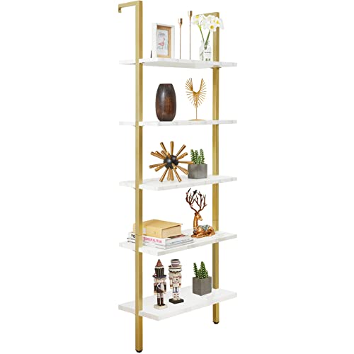 Image of SUPERJARE Modern Ladder Shelf, 5-Tier Open Wall-Mounted Bookshelf with Stable Metal Frame, 72 Inches Storage Rack Shelves, Stand Bookcase for Home Office (Marble & Gold)