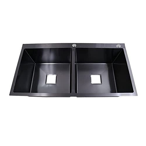 Image of COOTER Kitchen Sink 37 inch x 18 inch x 10 inch 304 Grade Stainless Steel Handmade Double Bowl Tap Hole Black Sink for Kitchen Basin Brushed Matte Finish Including Coupling Drain Basket Hose Pipe Kitchen Sinks