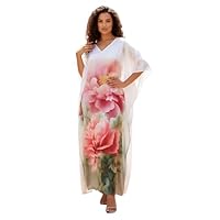 Gypsie Blu Vestido caftan estampado de seda de cetim plus size vestido maxi quimono elegante vestido solto para mulheres, Branco, Tamanho Único