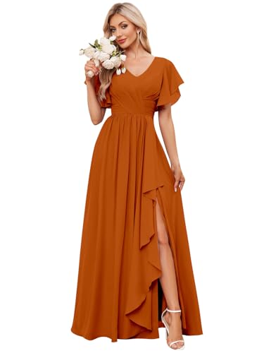 Women's V Neck Chiffon Bridesmaid Dresses for Wedding Short Sleeve Long Formal Dress Party Gowns with Slit