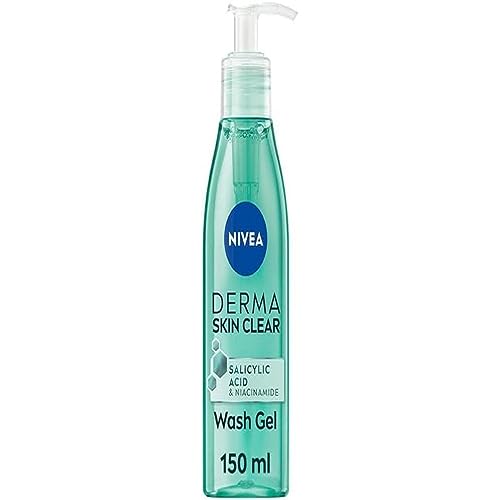 NIVEA Derma Skin Clear Wash Gel (150 ml), gel limpiador facial con ácido salicílico para limpieza profunda enriquecido con niacinamida para limpiar los poros y eliminar las impurezas, para pieles