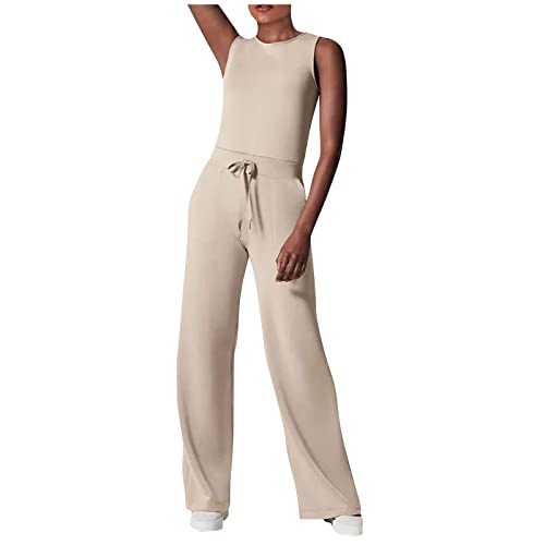 Jumpsuit Damen Lang Rundhals Einfarbiges High Waist Hosenanzug Mit Taschen...