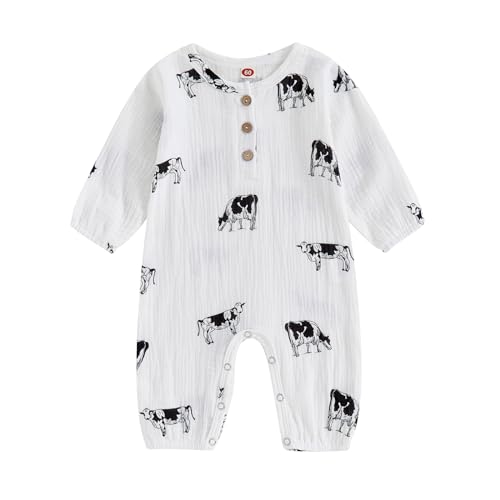 Image of Pybcvrrd Infant Baby Boy Western Clothes Cow Cotton Linen Romper Jumpsuit Long Sleeve Button Down Bodysuit One Piece Outfit (White, 6-12 Months)