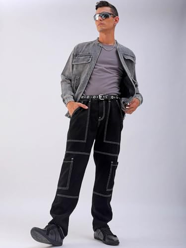 Image of The Indian Garage Co Men Dad Fit Solid Mid-Rise Cargo Denim