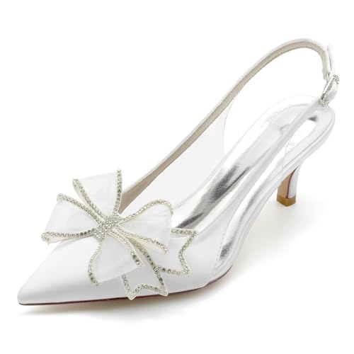 Women's Pointy Toe Mid Heeled Wedding Heels Clear Bridal Shoes Wedding Sandals Kitten Heels for Women with Bow