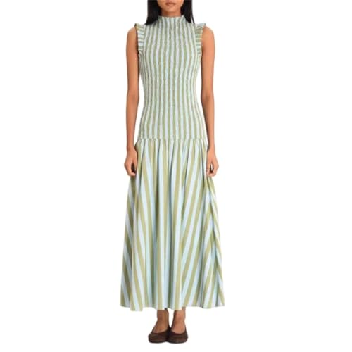 Woman Elegant Striped Print Slim Sleeveless Dress O Neck High Waist Spliced Casual Pleated A-Line Dress